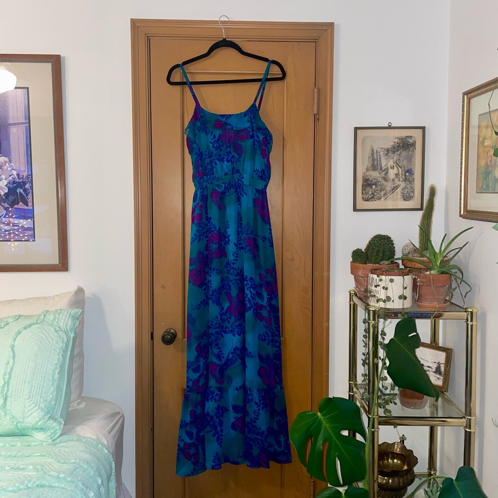 Express Teal and Purple Maxi Spaghetti Strap Floral Dress